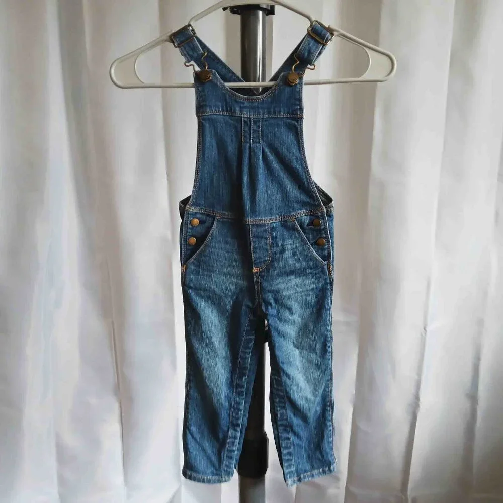 Gap 2T Denim Overalls with Ruched Bib, Adj Straps, and snap sides & crotch